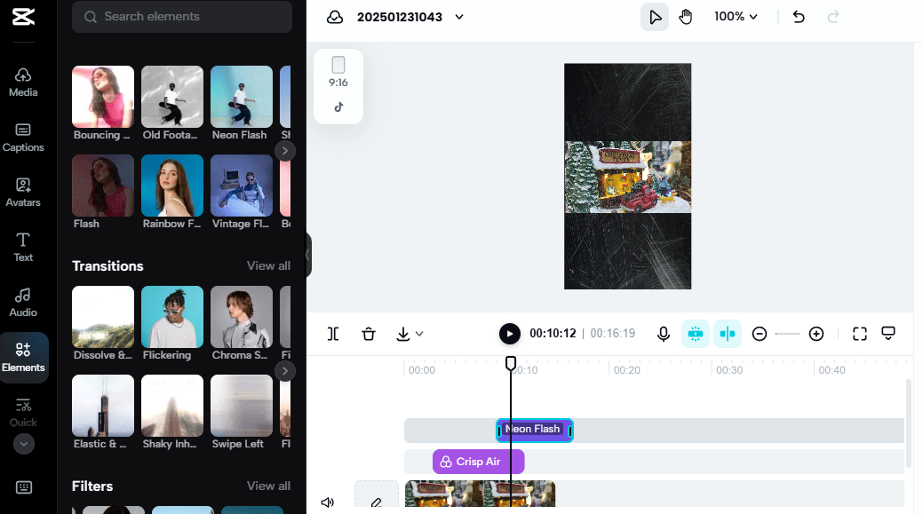 Creating festive content in CapCut using Neon Flash transitions, great for side hustles or extra income ideas for students.